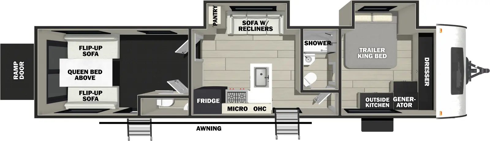 The Vengeance Rogue Armored Travel Trailers 32L132 floorplan is a toy hauler that has two entries and two slide outs. Exterior features include: fiberglass exterior, 18' awning and outside kitchen. Interiors features include: front bedroom and bathroom and a half.
